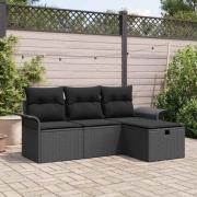 vidaXL Trädgårdsoffset med kudde med lagring 4 pcs Svart Poly rattan