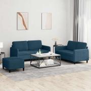 vidaXL Soffgrupp 3 delar blå sammet
