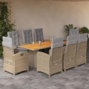 vidaXL Matgrupp för trädgården med dynor 9 delar beige konstrotting