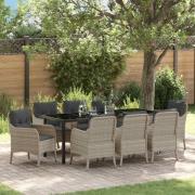 vidaXL Trädgårdsmöbelset med kudde 9 pcs Ljusgrå konstrotting