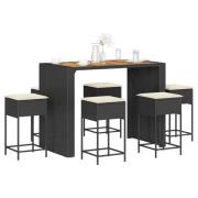 vidaXL Bargrupp för trädgården 7 delar med dynor konstrotting svart