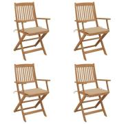 vidaXL Hopfällbara trädgårdsstolar med dynor 4 st massivt akaciaträ