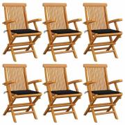 vidaXL Trädgårdsstolar med svarta dynor 6 st massiv teak