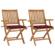 vidaXL Trädgårdsstolar 2 st med vinröda dynor massiv teak