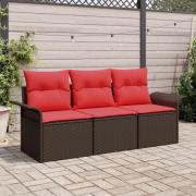 vidaXL Trädgårdsoffset med kudde med lagring 3 pcs Brun Poly rattan