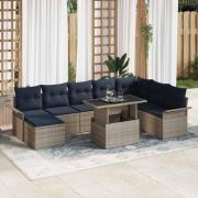 vidaXL Trädgårdsoffset med kudde 9 pcs Grå Poly Rattan