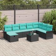 vidaXL Trädgårdsoffset med kudde med lagring 9 pcs Svart Poly rattan