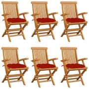 vidaXL Trädgårdsstolar med röda dynor 6 st massiv teak