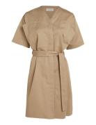 Calvin Klein Cotton Linen Belted Shift Dress Beige