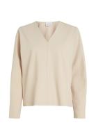 Calvin Klein Structure Twill V Neck Ls Top Beige