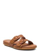 FitFlop Gracie Rubber-Buckle Two-Bar Leather Slides Brun