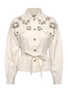 Scotch & Soda Embellished Belted Cotton Trucker Jacket Kräm