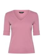 Lauren Ralph Lauren Stretch Cotton Elbow-Sleeve V-Neck Tee Rosa