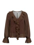 Object Objgina L/S Re V-Neck Ruffle Top Ss Div Brun