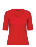 Lauren Ralph Lauren Stretch Cotton Elbow-Sleeve V-Neck Tee Röd