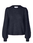 Selected Slflulu Ls Knit Rib O-Neck Noos Marinblå