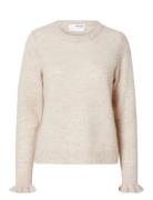 Selected Slflulu Ls Knit Frill Cuff O-Neck Noos Kräm