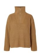 Selected Slfbloomie Ls Knit Half Zip Noos Brun