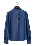 Lexington Clothing Denim Frill Blouse Marinblå