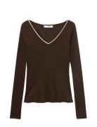 Mango V-Neck Combined-Fabric T-Shirt Brun