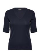 Lauren Ralph Lauren Stretch Cotton Elbow-Sleeve V-Neck Tee Marinblå