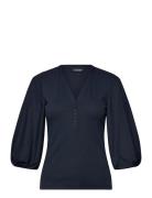 Lauren Ralph Lauren Rib-Knit Balloon-Sleeve Henley Top Marinblå