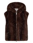 Monki Faux Fur Hooded Zip Vest Brun