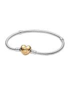 Pandora Silver Bracelet With Heart-Shaped 14K Gold-Plated Clasp Silver