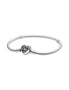 Pandora Snake Chain Sterling Silver Bracelet And Heart Clasp With Clea...