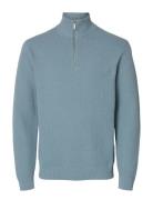 Selected Slhdane Ls Knit Structure Half Zip Noos Blå