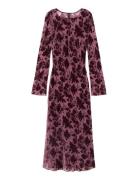 Mango Floral Jacquard Dress With Bell Sleeves Burgundy