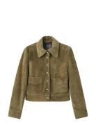 Mango Suede Leather Jacket With Buttons Khaki Green
